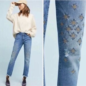 Anthropologie Pilcro and the Letterpress Embroidered Distressed Boyfriend Jeans
